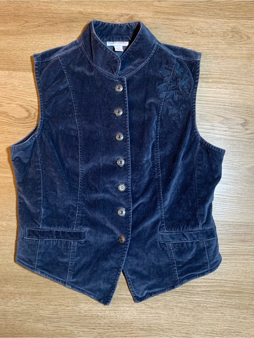 VTG Tommy Hilfiger Navy Blue Velour Vest High Neck Jeweled Button Floral Vampire